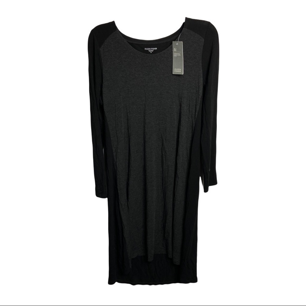 NWT Eileen Fisher Medium Charcoal Color Block Soft V-neck Knee Length Dress $298